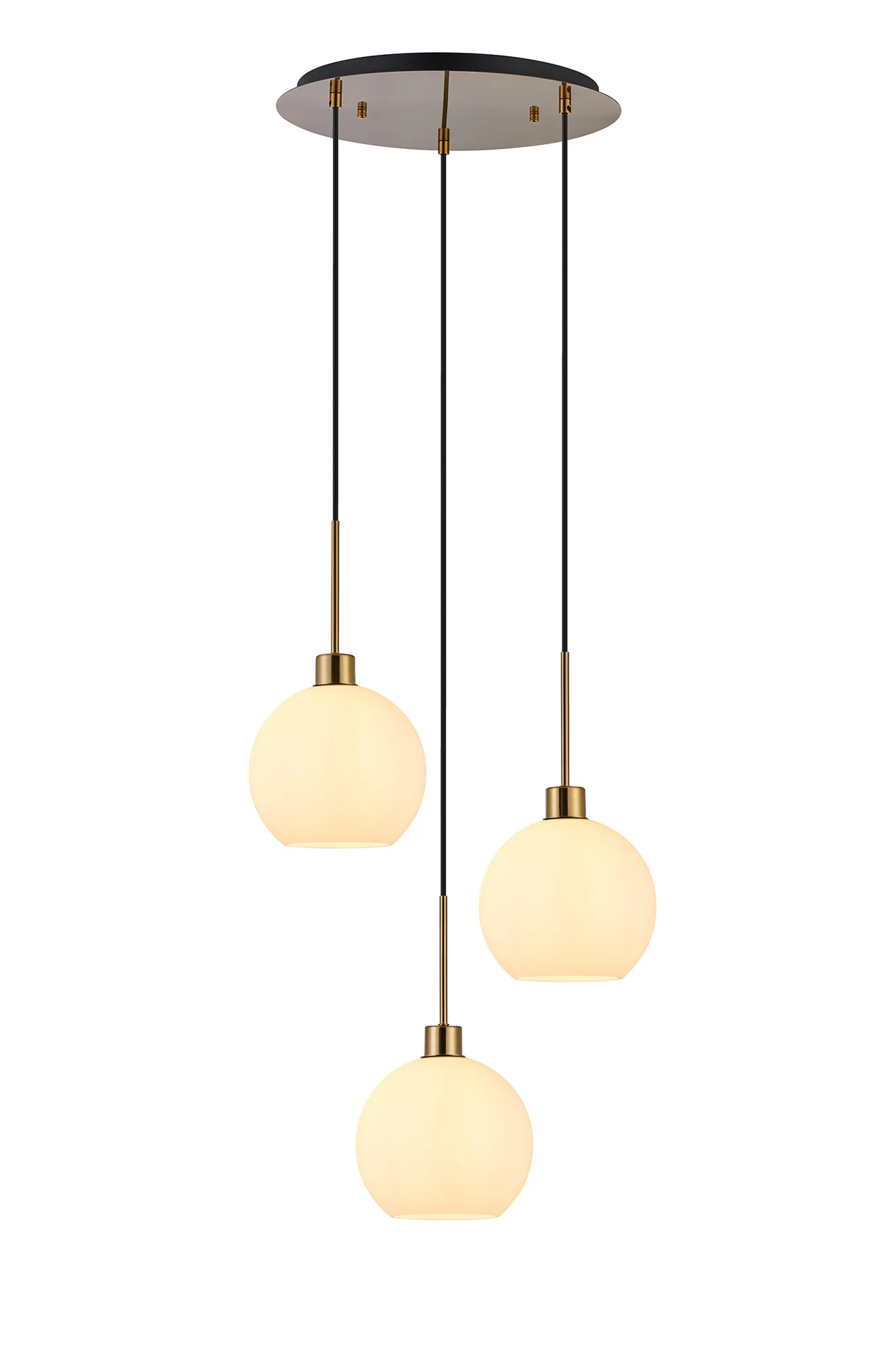 DK1180  Lori cm Round Pendant, 3 Light Adjustable E27, Antique Gold/Opal Open Mouth Round Globe Shades